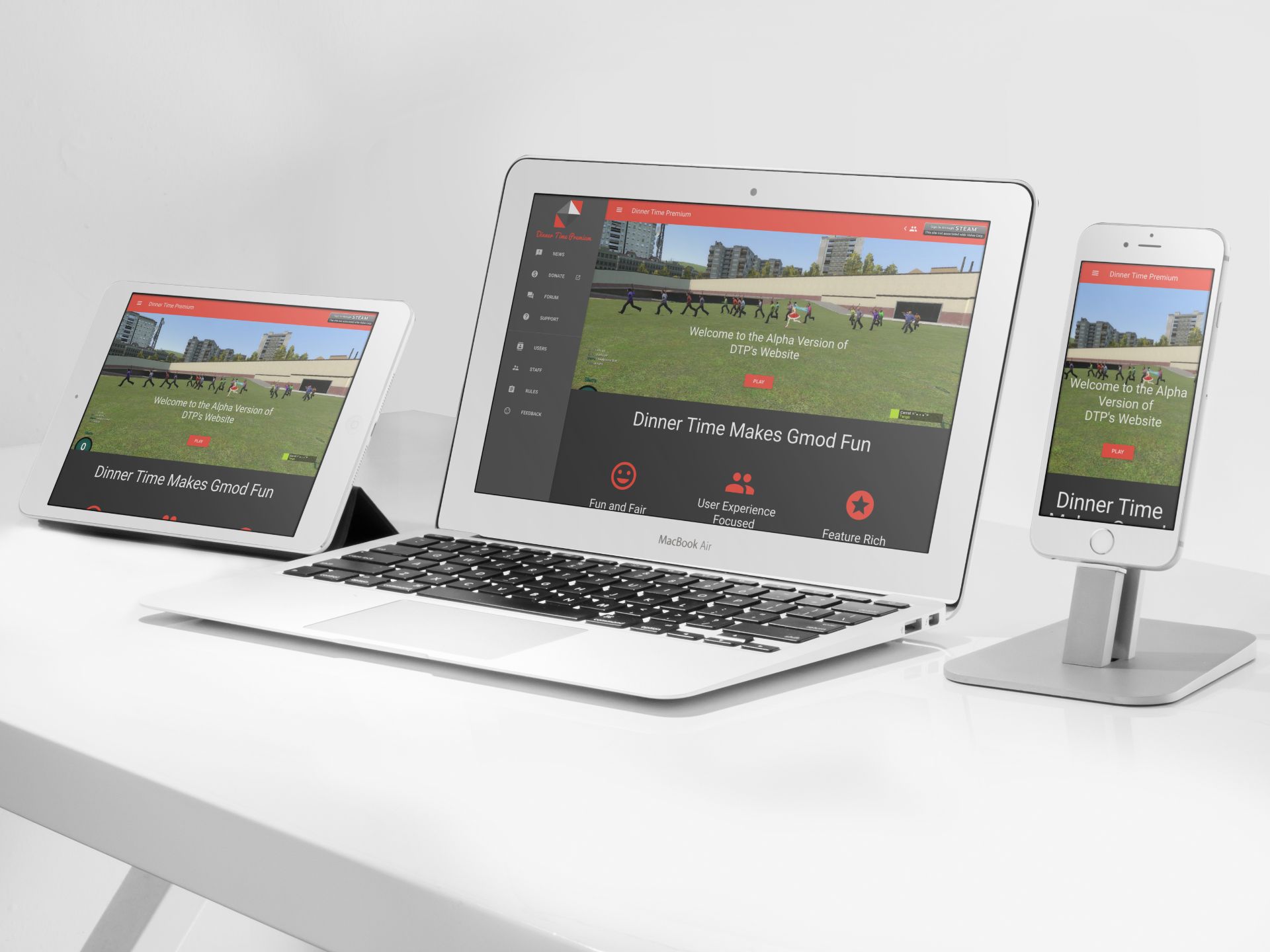 A laptop, tablet and smartphone each displaying the homepage of the Dinner Time Premium website.